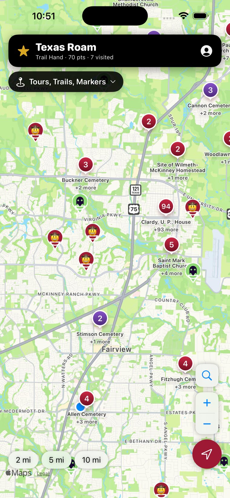 TexasRoam map view with nearby markers, cemeteries, museums and courthouses