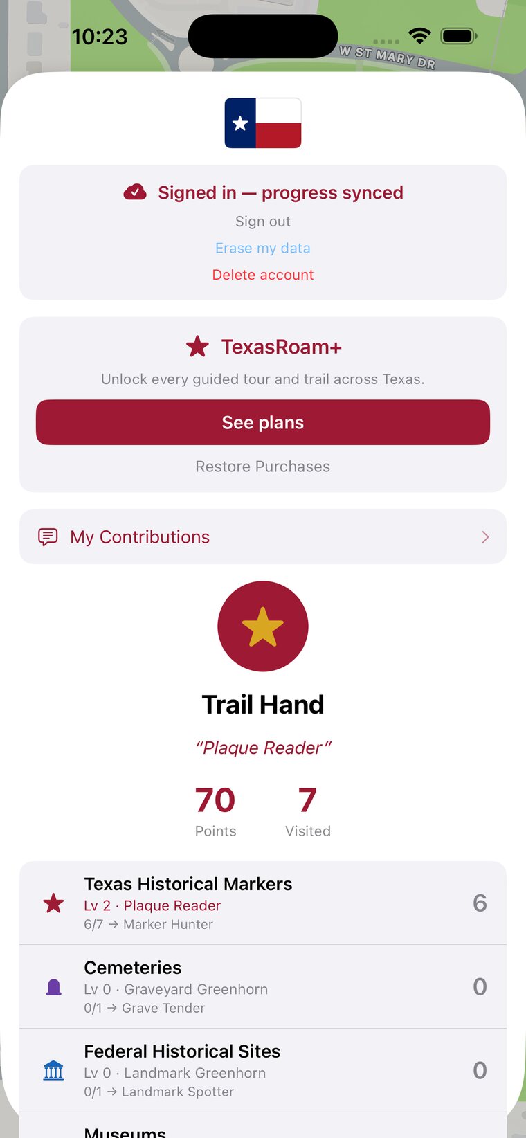 TexasRoam profile showing rank ladders from Greenhorn to Lone Star Legend